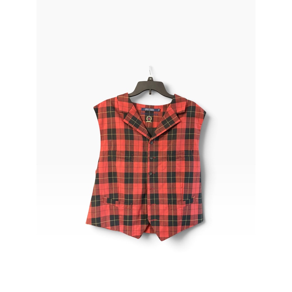 Tommy Hilfiger Red Plaid Vest Notched Lapel Tartan Waistcoat Large Vintage Style